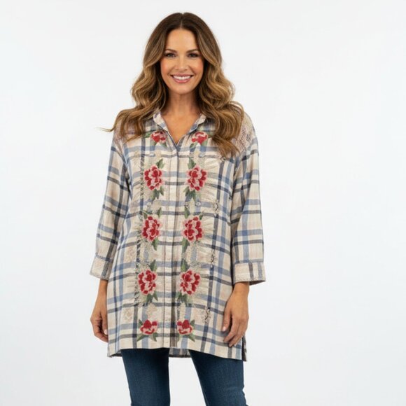 Johnny Was Top Button Up Floral Embroidered Boho Plaid Shirt Women sz Large - Picture 1 of 11